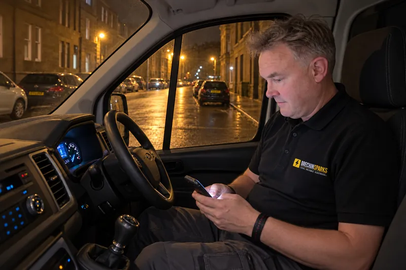 Electrician sitting in his van on a dark Brechin street, checking the time before a late call-out