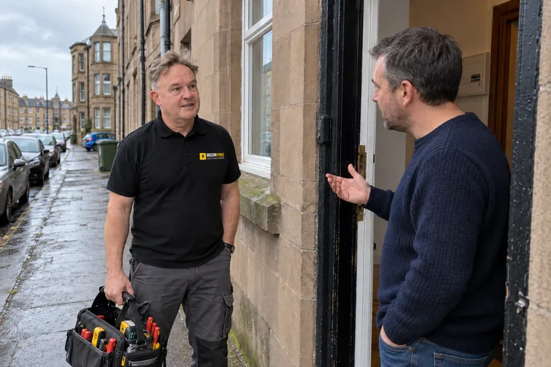 Electrician chatting to a homeowner at the front door of a red sandstone house in Brechin during the day