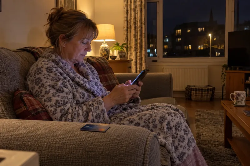 Woman on her sofa in the evening paying a call-out deposit on her phone, with her bank card next to her