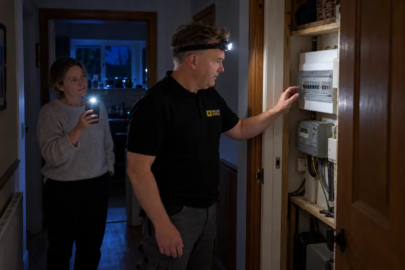 Electrician using a head torch to check a consumer unit in a Brechin hallway cupboard during an evening power cut
