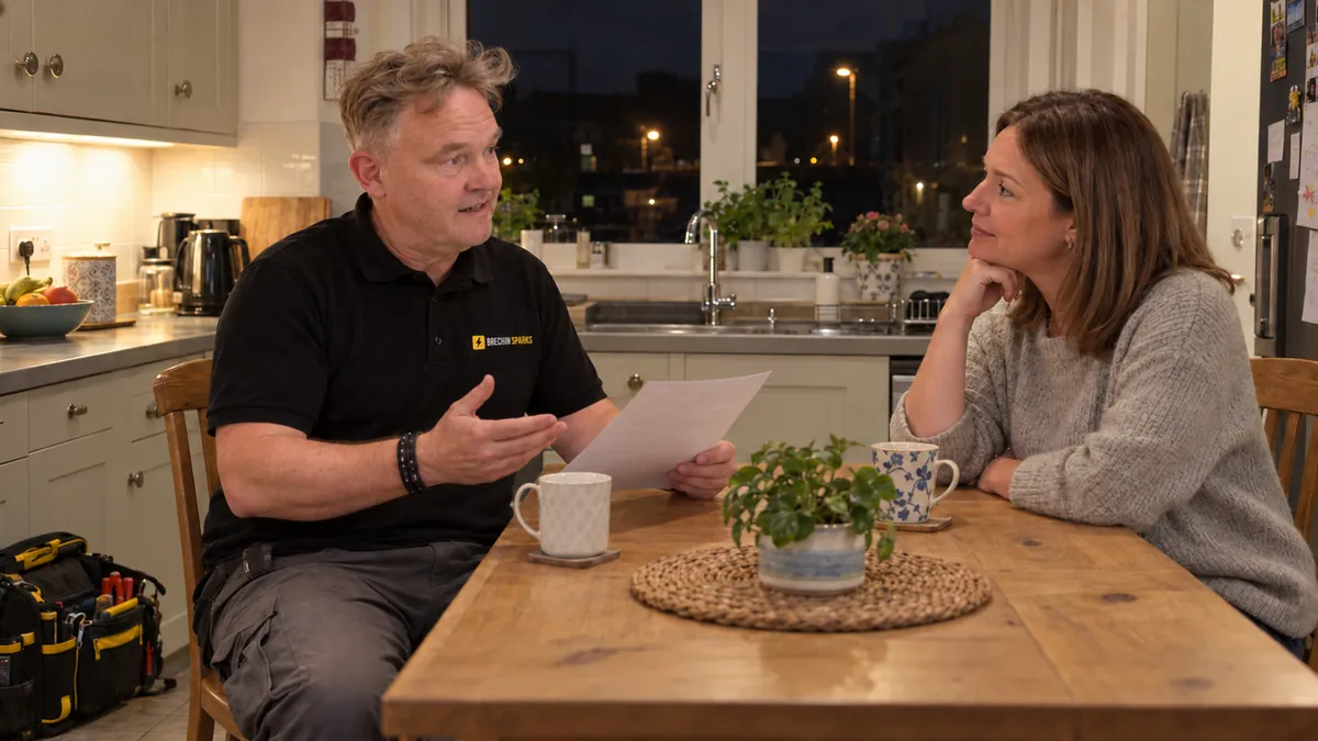 Electrician at a kitchen table in a Brechin home at night, talking a homeowner through the cost of a repair