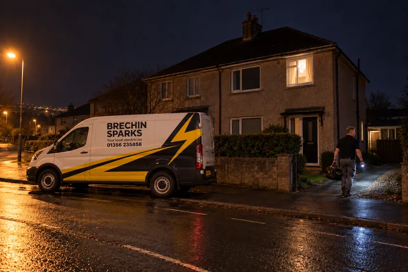 Brechin Sparks van parked outside an Angus house at night while the electrician walks up the path