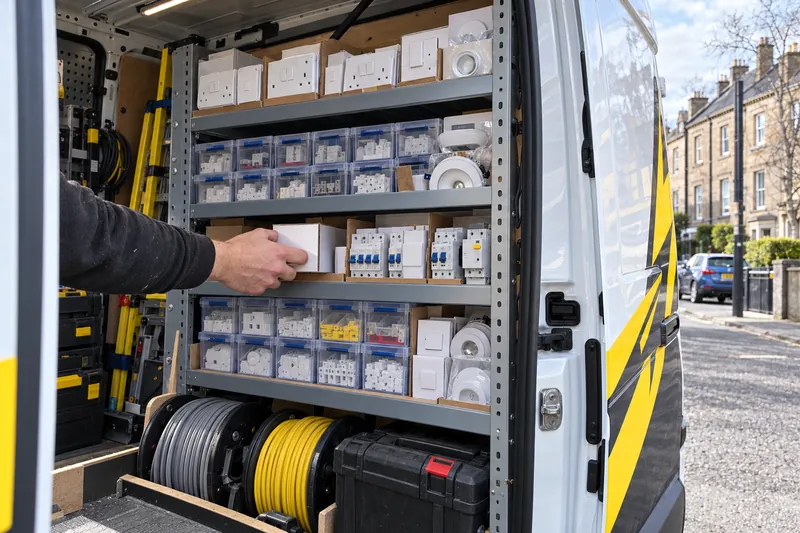 Racks of sockets, switches and circuit breakers stocked in the electrician's van