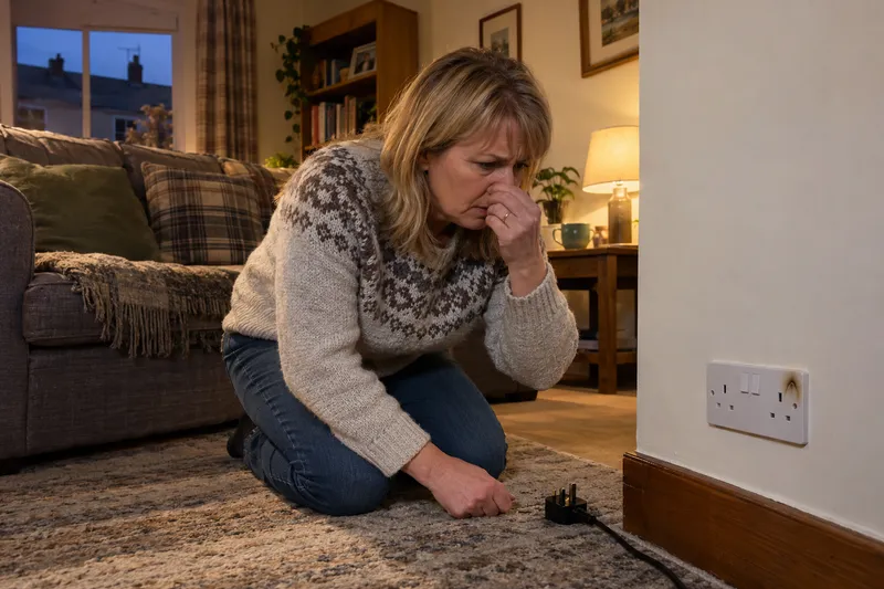 Woman kneeling beside a scorched wall socket in her Montrose sitting room