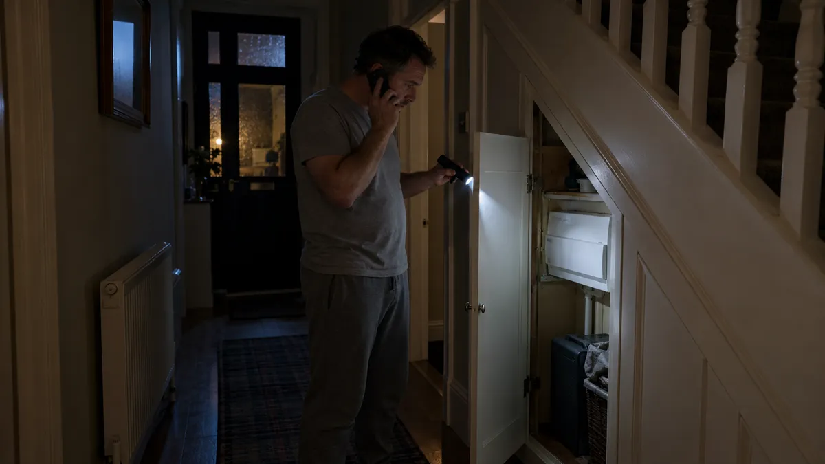 Man on the phone shining a torch at an under-stairs consumer unit in a Brechin house at night
