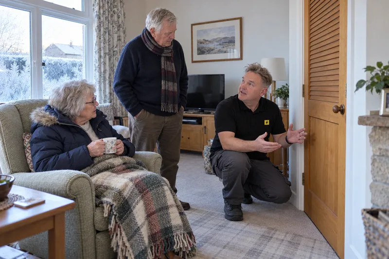 Electrician talking with an elderly couple in a cold Laurencekirk bungalow