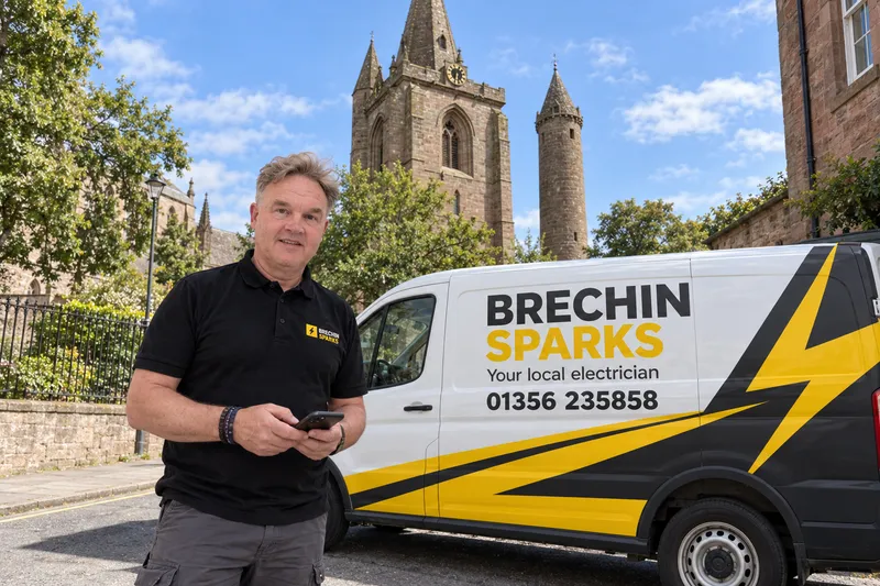 James Leslie beside the Brechin Sparks van near Brechin Cathedral