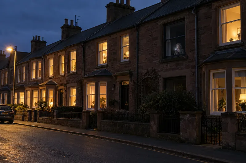 One dark front window on a lit street of red sandstone houses in Brechin