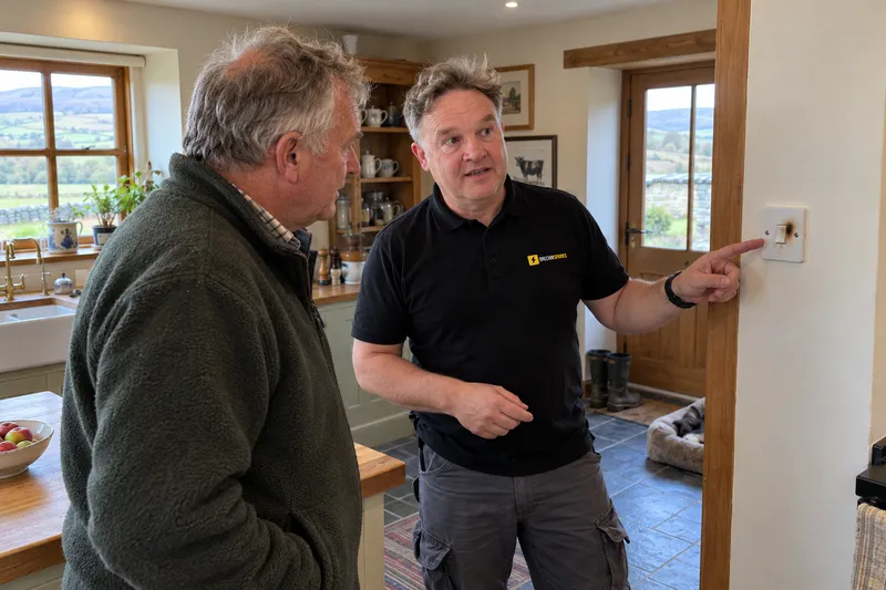 Electrician showing a farmer a scorched light switch in an Angus farmhouse kitchen