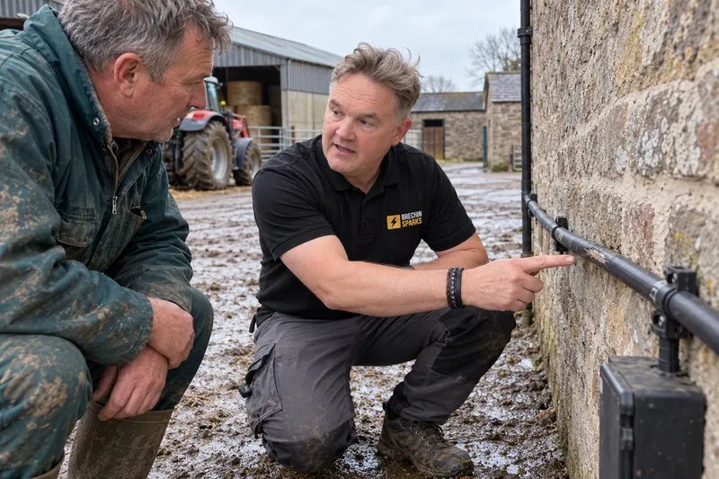 Electrician checking a scraped outdoor cable with a farmer at a steading near Brechin