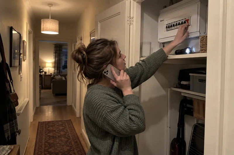 Woman switching off the main switch at her consumer unit while on the phone