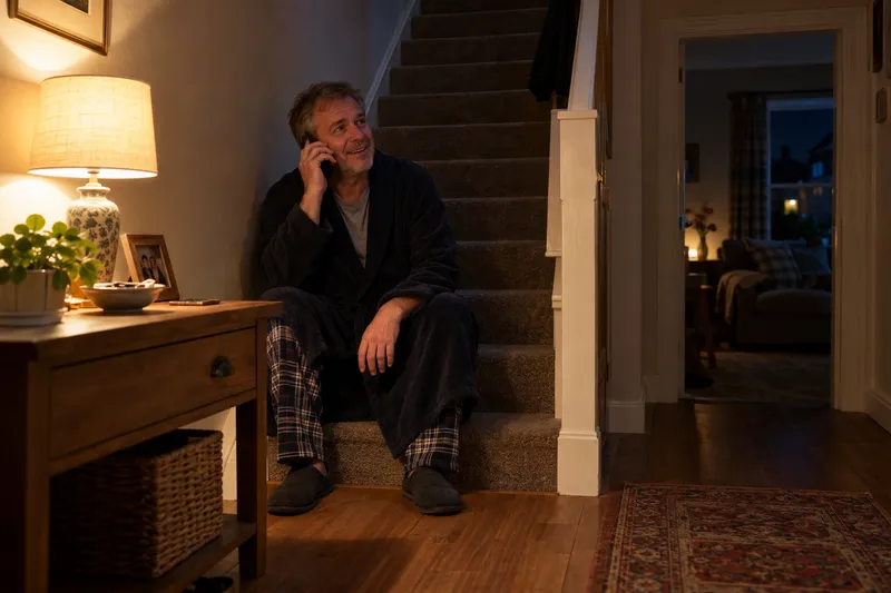 Man on the stairs at night phoning an emergency electrician