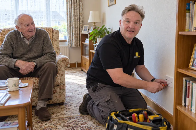 Electrician refitting a socket in a Friockheim bungalow during the day