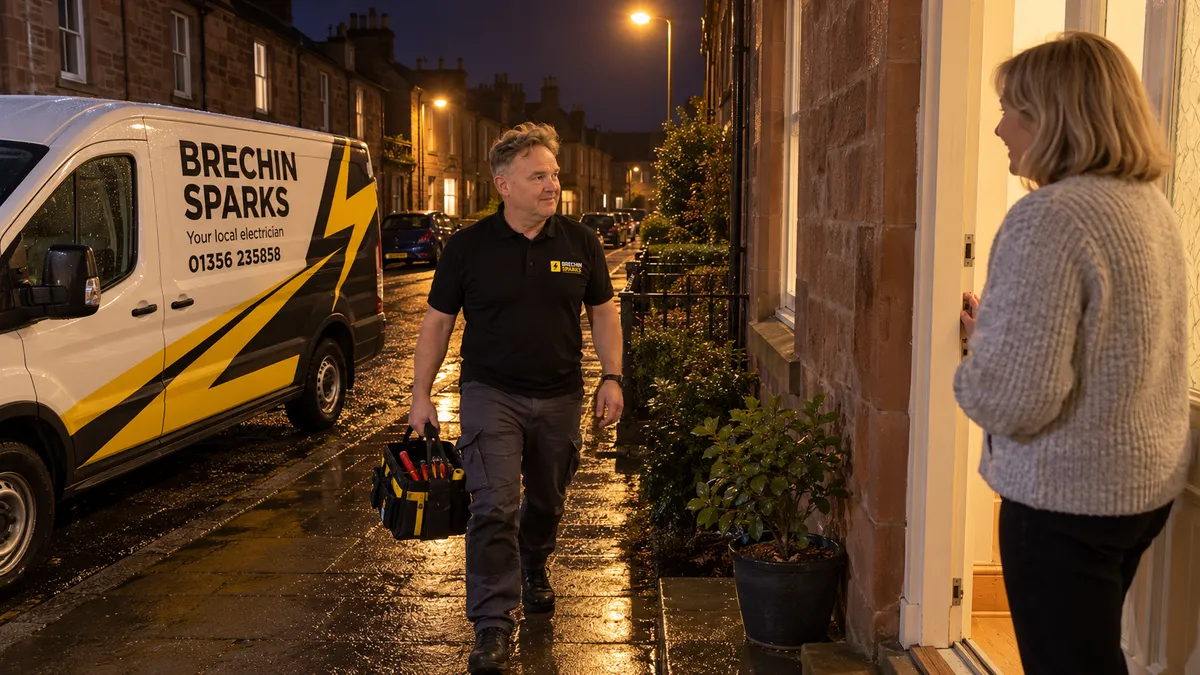 Electrician walking from the Brechin Sparks van to a lit front door in Brechin at night