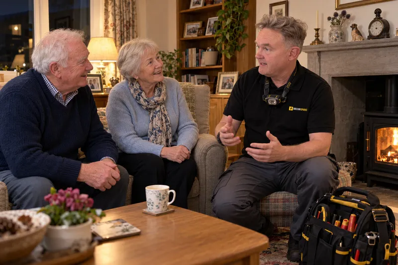 Electrician explaining a fault to an older couple in their sitting room