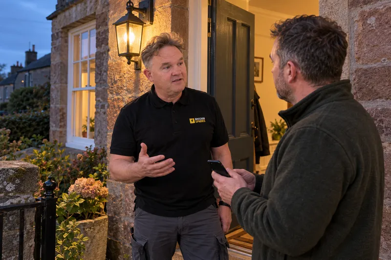 Electrician explaining costs to a man at his Kirriemuir cottage door