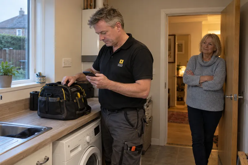 Electrician packing up after a job while checking his phone