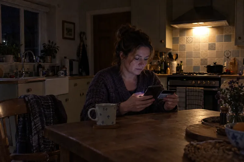 Woman paying a deposit on her phone at a farmhouse kitchen table at night