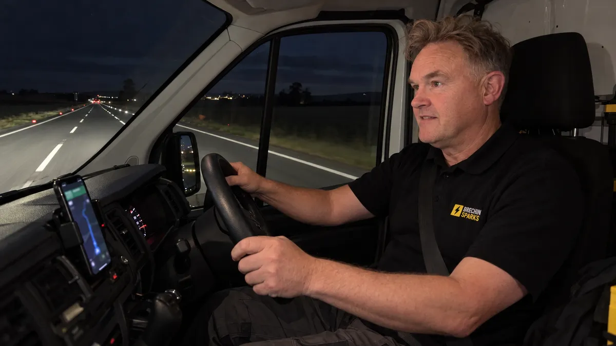 James driving the Brechin Sparks van along the A90 at night