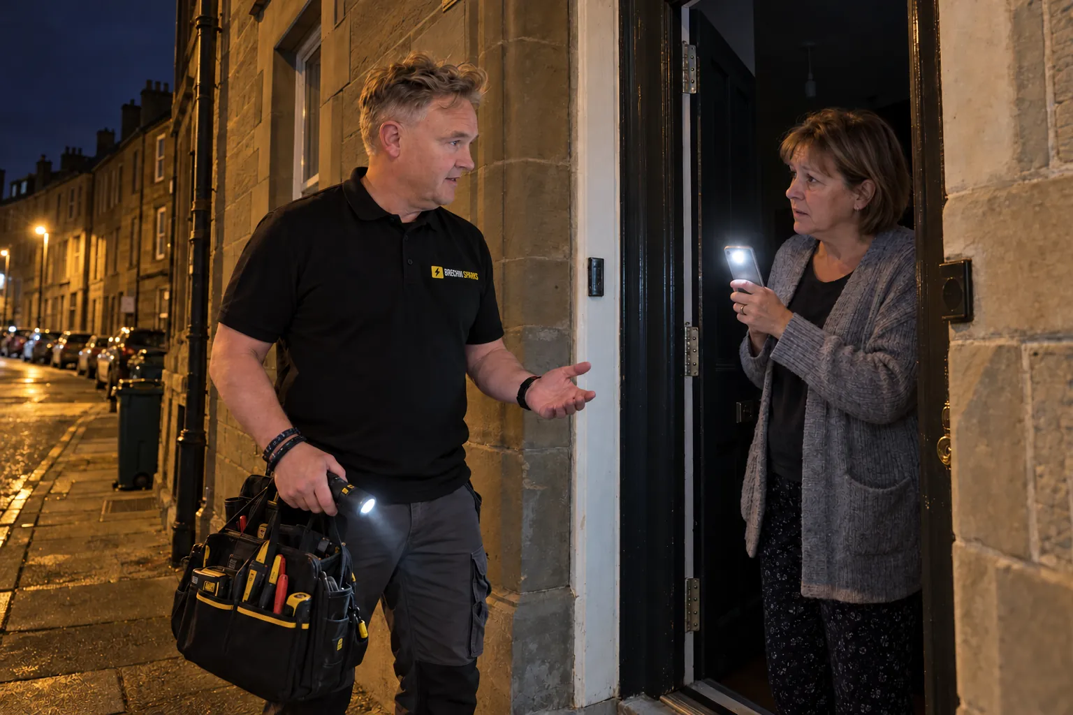 Electrician at the door of a darkened flat at night, there to help with a power cut