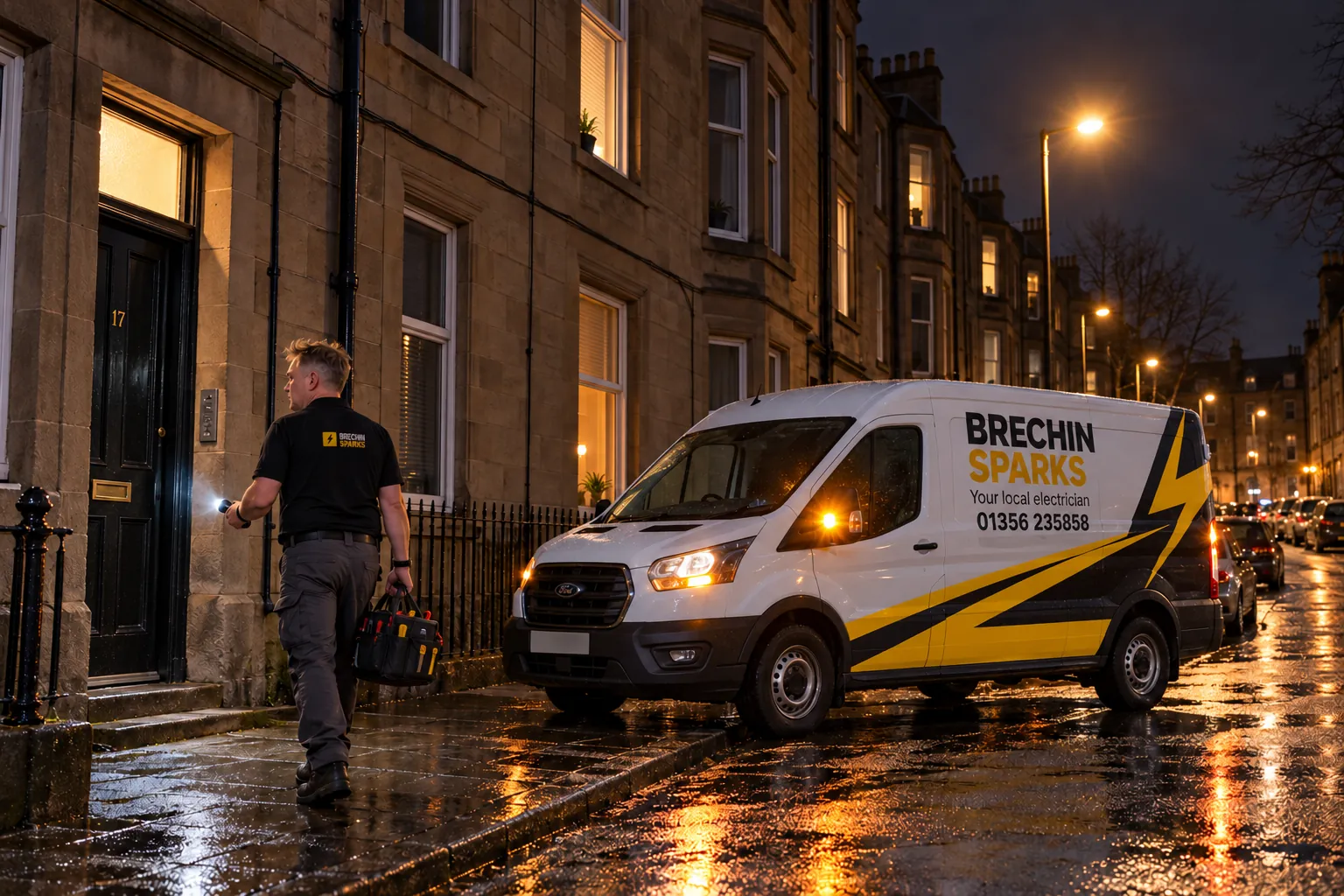 Brechin Sparks van parked on a quiet Brechin street at night
