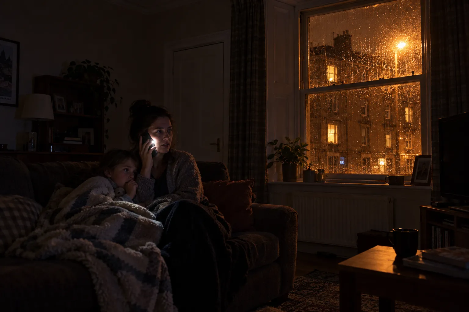 Mother and child sitting in a darkened Brechin home during a power cut, phoning for help